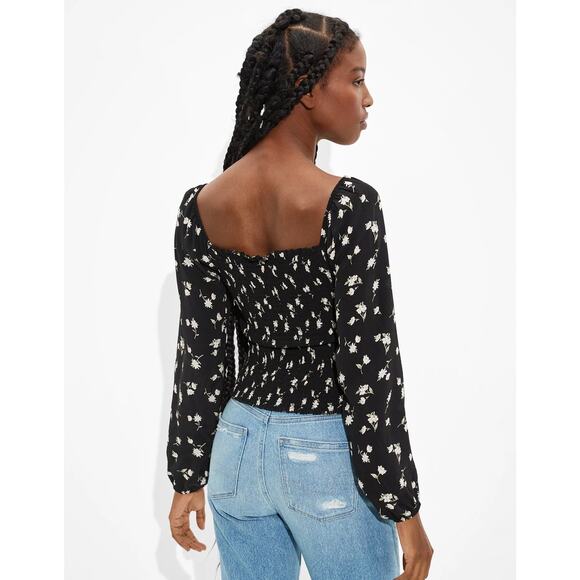 American Eagle Smocked Square Neck Blouse Top Women’s Size XS Black Floral Boho - Picture 3 of 9